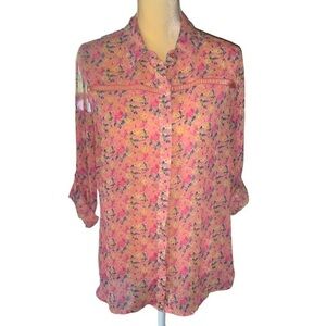Kut from the Kloth Nelsin Lattice Trim Sheer Pink Floral Button Down Blouse